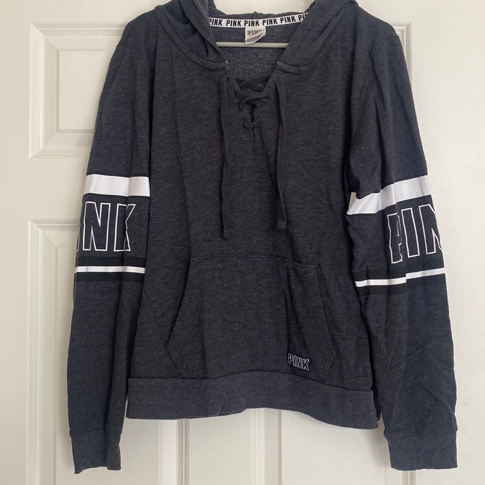 PINK gray front lace hooded sweatshirt